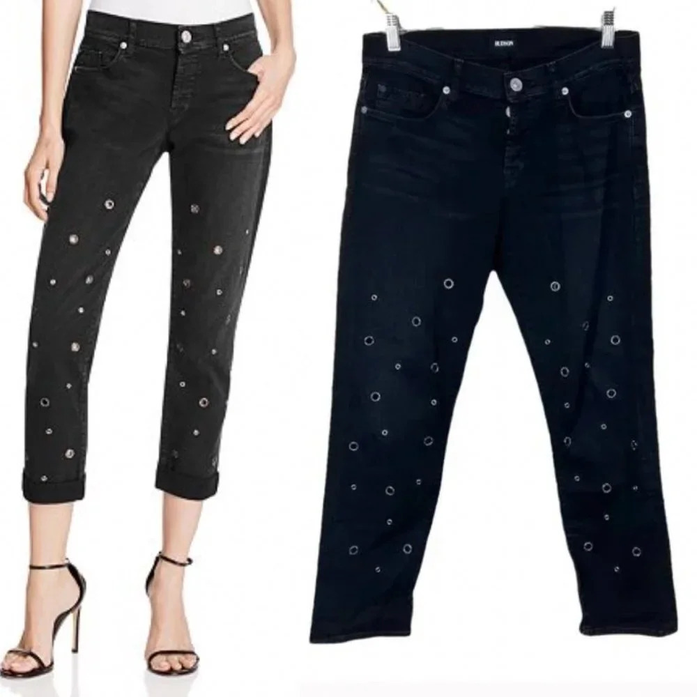 Hudson Riley Grommet Studded Slim Boyfriend Jeans in Stellar Black Size 25